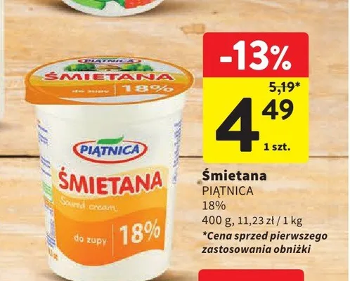 Śmietana PIĄTNICA 18% promocja w Intermarche