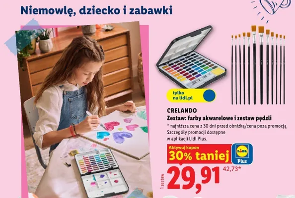 Zestaw farby akwarelowe i zestaw pędzli Crelando promocja w Lidl