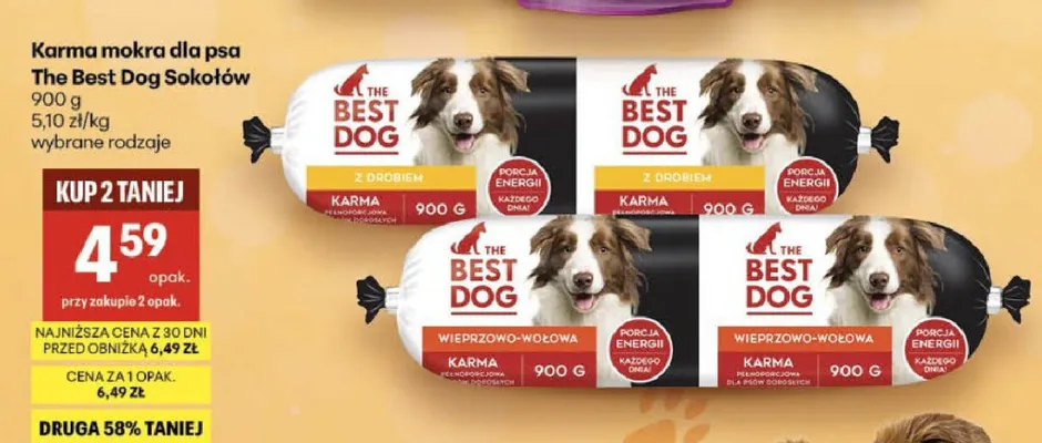 Karma mokra dla psa Sokołów The Best Dog wieprzowo-wołowa promocja w Delikatesy Centrum