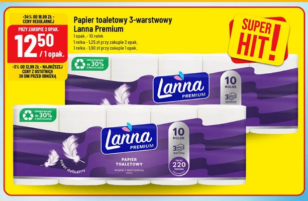 Papier toaletowy 3-warstwowy Lanna Premium promocja w POLOmarket