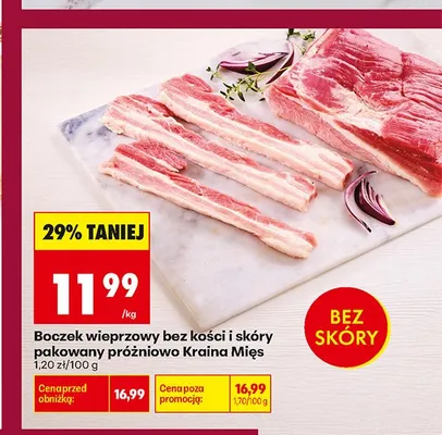Boczek wieprzowy bez kości i skóry pakowany próżniowo Kraina Mięs promocja w Biedronka