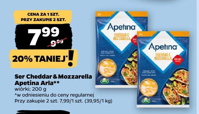 Ser Cheddar & Mozzarella wiórki Apetina Arla promocja w Netto