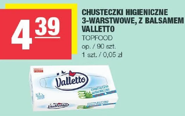 Chusteczki higieniczne 3-warstwowe, z balsamem Valletto promocja w SPAR