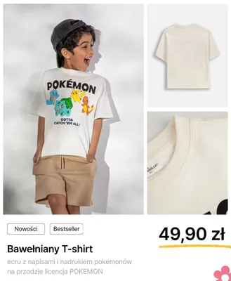 T-shirt bawełniany Coccodrillo ecru z napisami i nadrukiem pokemonów promocja w Coccodrillo