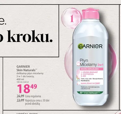 Delikatny płyn micelarny 3 w 1 do twarzy Skin Naturals Garnier promocja w Hebe
