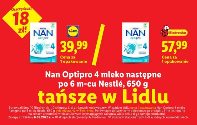 Mleko następne po 6m-cu Nan Optipro 4 Nestlé promocja w Lidl