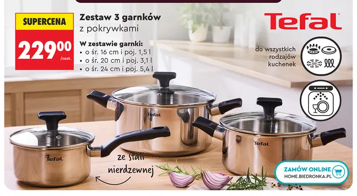 Zestaw 3 garnków z pokrywkami Tefal promocja w Biedronka