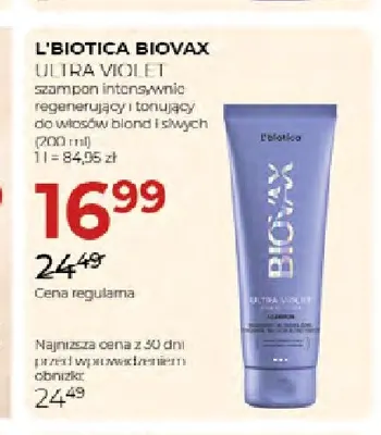 Szampon intensywnie regenerujący i tonujący do włosów blond i siwych Ultra Violet Biovax L'biotica promocja w Drogerie Jawa