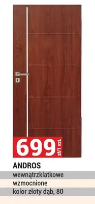 Drzwi ANDROS wewnątrz­lakowe wzmocnione kolor złoty dąb, 80 promocja w Merkury Market
