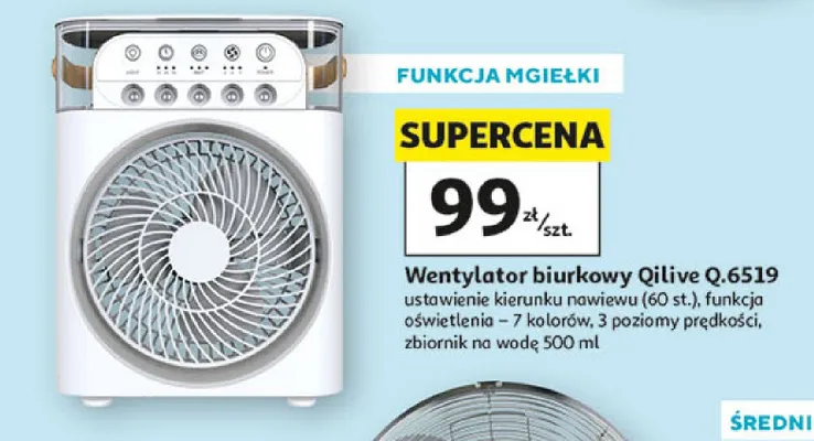 Wentylator biurkowy Qilive Q.6519 funkcja mgiełki 500ml promocja w Auchan