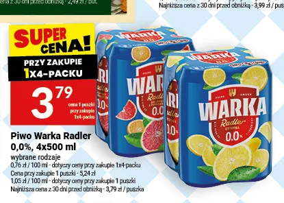 Piwo bezalkoholowe Warka Radler 4-pak promocja w Twój Market