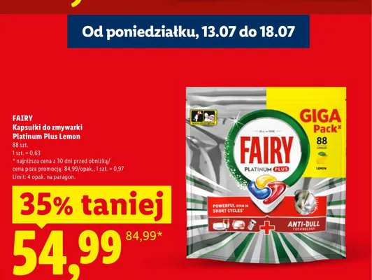 Kapsułki do zmywarki Fairy Platinum Plus Lemon promocja w Lidl