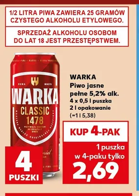 Piwo 5,2% Warka 4-pak promocja w Kaufland