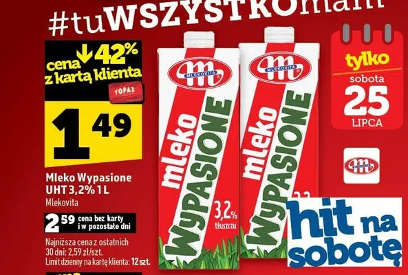 Mleko Wypasione UHT 3,2% Mlekovita promocja w TOPAZ
