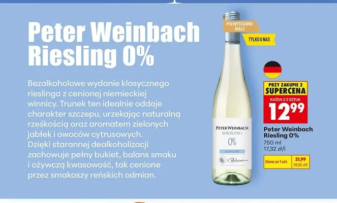 Wino bezalkoholowe Peter Weinbach Riesling 0% promocja w Biedronka