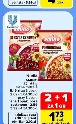Nudle pomidorowa z kawałkami pomidorów i natką pietruszki Amino promocja w Carrefour Market