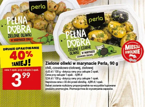 Zielone i czarne oliwki w marynacie Perla czosnkowo-ziołowej promocja w Twój Market