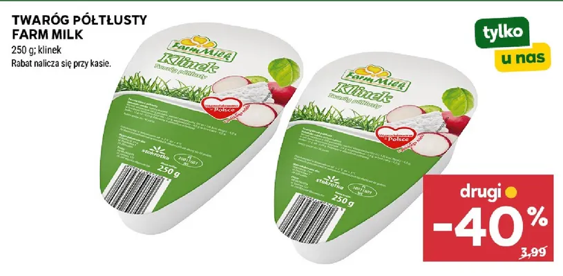 Twaróg półtłusty klinek Farm Milk promocja w Stokrotka