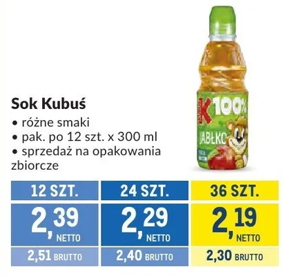 Sok Kubuś różne smaki promocja w Makro