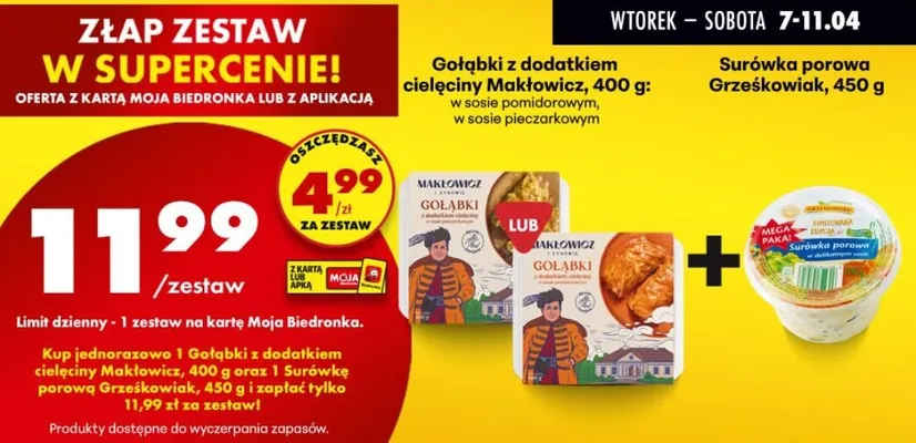 Zestaw: gołąbki z dodatkiem cielęciny w sosie pomidorowym lub pieczarkowym + surówka Grześkowiak promocja w Biedronka