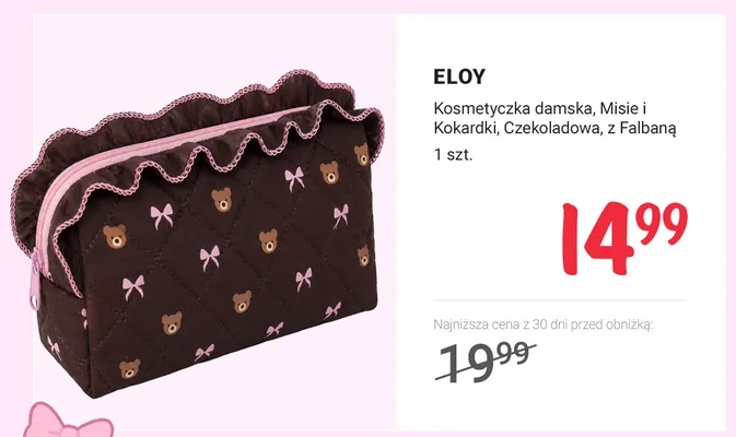 Kosmetyczka damska ELOY Misie i Kokardki czekoladowa z falbaną promocja w Rossmann