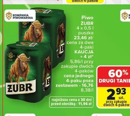 Piwo Żubr 4-pak 500ml promocja w Carrefour