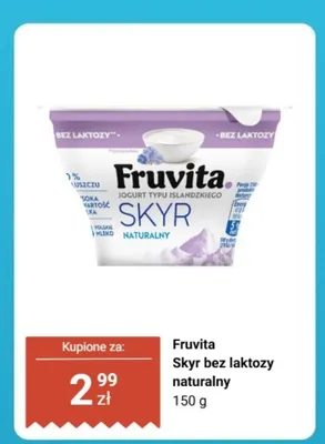 Jogurt typu islandzkiego Skyr bez laktozy naturalny Fruvita promocja w Biedronka