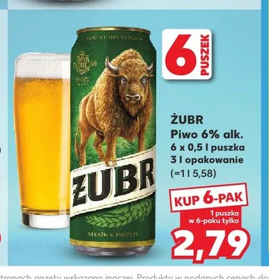 Piwo Żubr 6% alk. 6-pak 500ml promocja w Kaufland