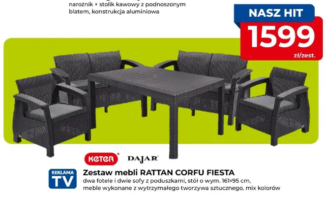 Zestaw mebli RATTAN CORFU FIESTA dwa fotele i dwie sofy z poduszkami stół o wym. 161x95cm meble wykonane z wytrzymałego tworzywa sztucznego mix kolorów promocja w PSB Mrówka