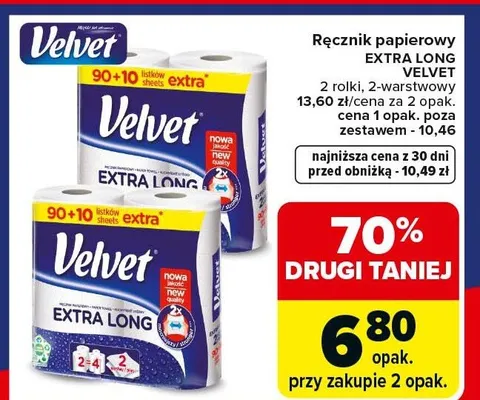 Ręcznik papierowy Extra Long 2-warstwowy Velvet promocja w Carrefour Market