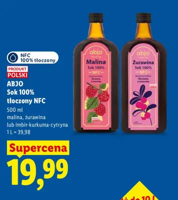 Sok tłoczony NFC malina Abjo 100% promocja w Lidl