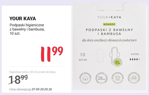 Podpaski higieniczne Your Kaya z bawełny i bambusa dla skóry wrażliwej i skłonnej do podrażnień promocja w Rossmann