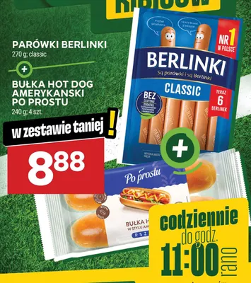 Zestaw parówki Berlinki Classic 270 g + bułka hot dog amerykański Po Prostu 240 g 4 szt. promocja w Stokrotka