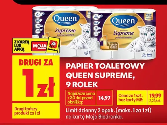 Papier toaletowy Queen Supreme, 9 rolek promocja w Biedronka