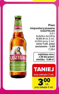 Piwo niepasteryzowane Kasztelan promocja w Carrefour Market