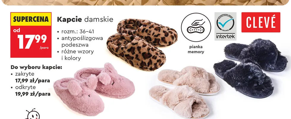 Kapcie damskie zakryte Clevé promocja w Biedronka