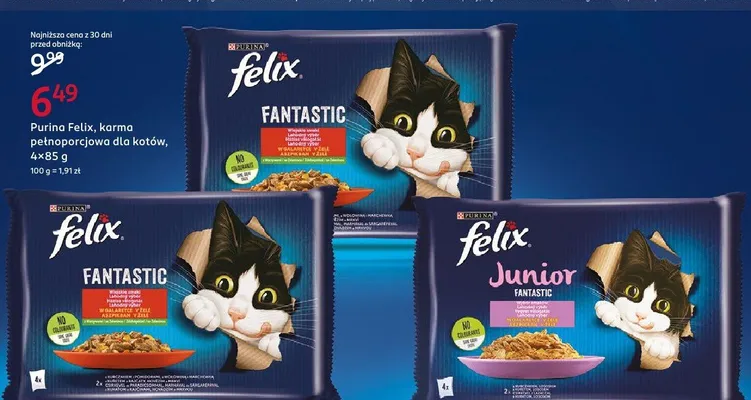 Karma pełnoporcjowa dla kotów Purina Felix Fantastic 4-pak 85g promocja w Rossmann