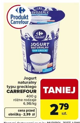Jogurt naturalny typu greckiego Carrefour promocja w Carrefour