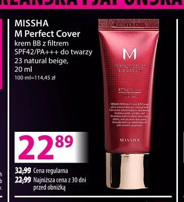 Krem BB z filtrem SPF42/PA+++ do twarzy 23 natural beige M Perfect Cover Missha promocja w Hebe
