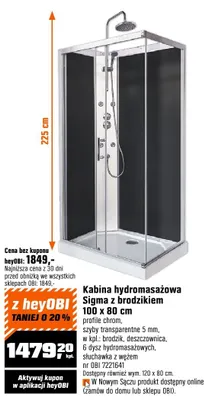 Kabina hydromasażowa Sigma z brodzikiem 100 x 80 cm profile chrom, szyby transparentne 5 mm, wyl.: brodzik, deszczownica, 6 dysz hydromasażowych, podświetlana z węzem prysznicowym promocja w OBI