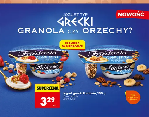 Jogurt grecki Fantasia z granolą owocami leśnymi i białą czekoladą promocja w Biedronka