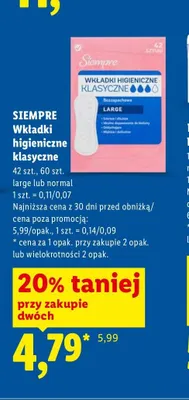 Wkładki higieniczne klasyczne Siempre Normal promocja w Lidl
