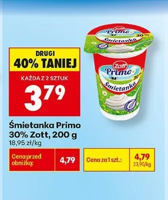 Śmietanka 30% Zott Primo promocja w Biedronka