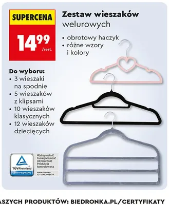 Zestaw wieszaków welurowych promocja w Biedronka
