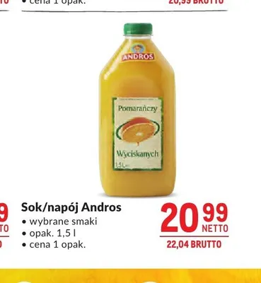 Sok z pomarańczy wyciskanych Andros promocja w Makro