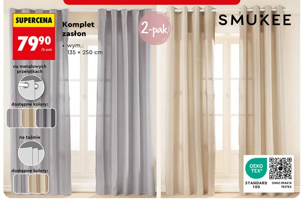 Komplet zasłon na taśmie Smukee 2-pak promocja w Biedronka