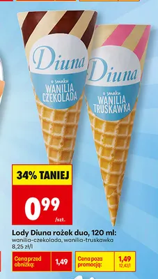 Lody Diuna rożek duo wanilia-truskawka promocja w Biedronka