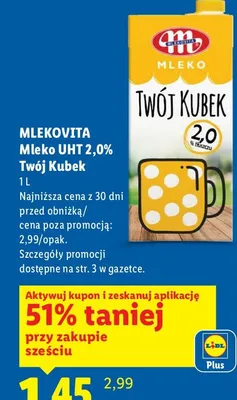 Mleko UHT 2,0% Twój Kubek promocja w Lidl