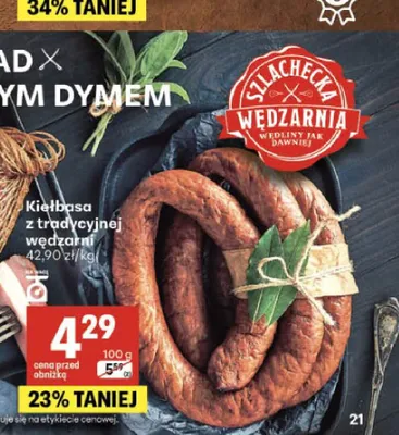 Kiełbasa z tradycyjnej wędzarni Szlachecka Wędzarnia promocja w Delikatesy Centrum