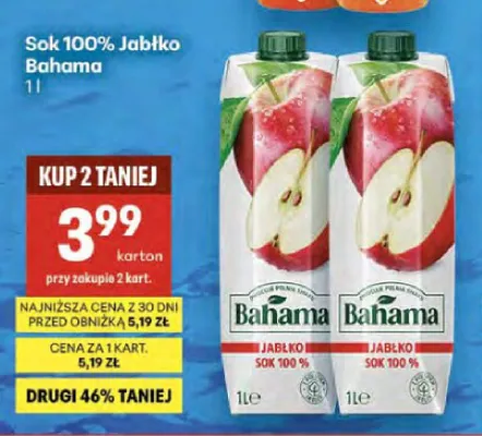 Sok 100% Jabłko Bahama promocja w Delikatesy Centrum